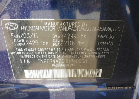 2011 Hyundai Sonata Gls from USA, damaged, VIN 5NPEB4AC0BH240008
